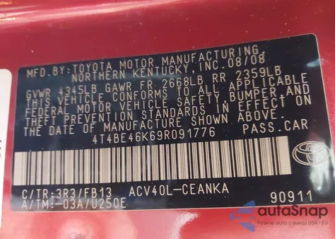 2009 Toyota Camry Le from USA, damaged, VIN 4T4BE46K69R091776